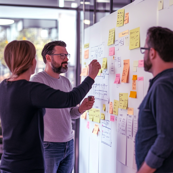 Three people looking at POST-IT notes ​