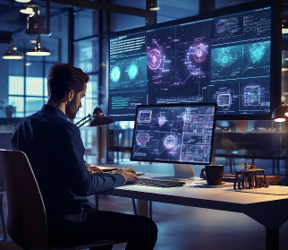 Picture of a person looking at multiple screens ​